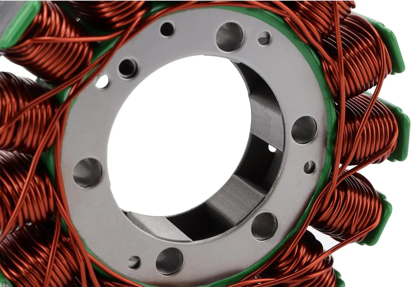 Close-up of Yamaha Grizzly 550 stator replacement part, copper wire coils, motorcycle engine