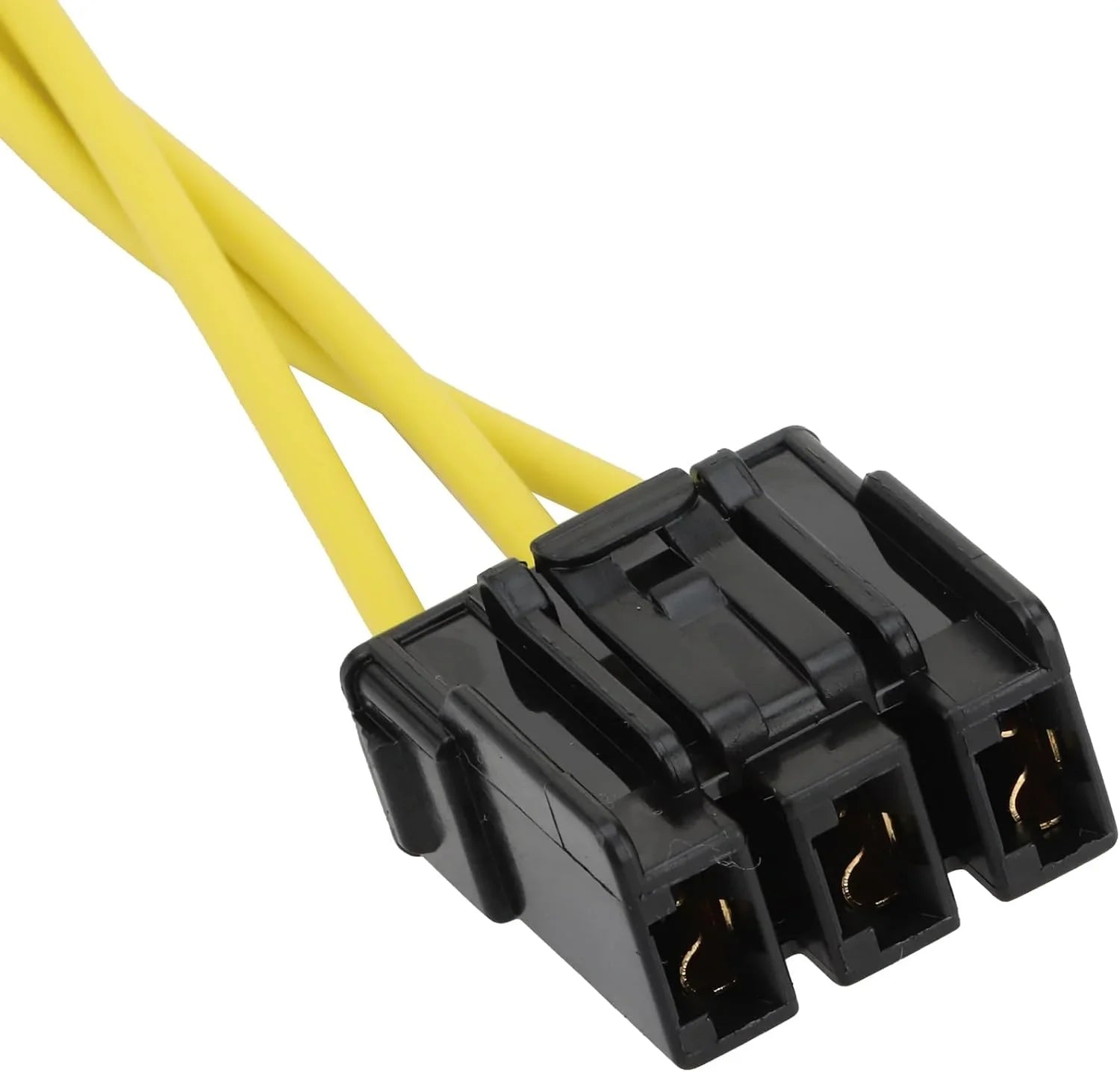 Black plastic electrical connector with yellow wires for motorcycle stator replacement
