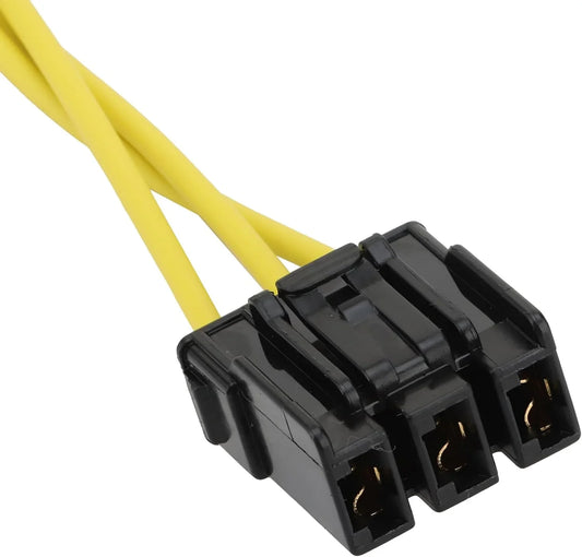 Black plastic electrical connector with yellow wires for motorcycle stator replacement
