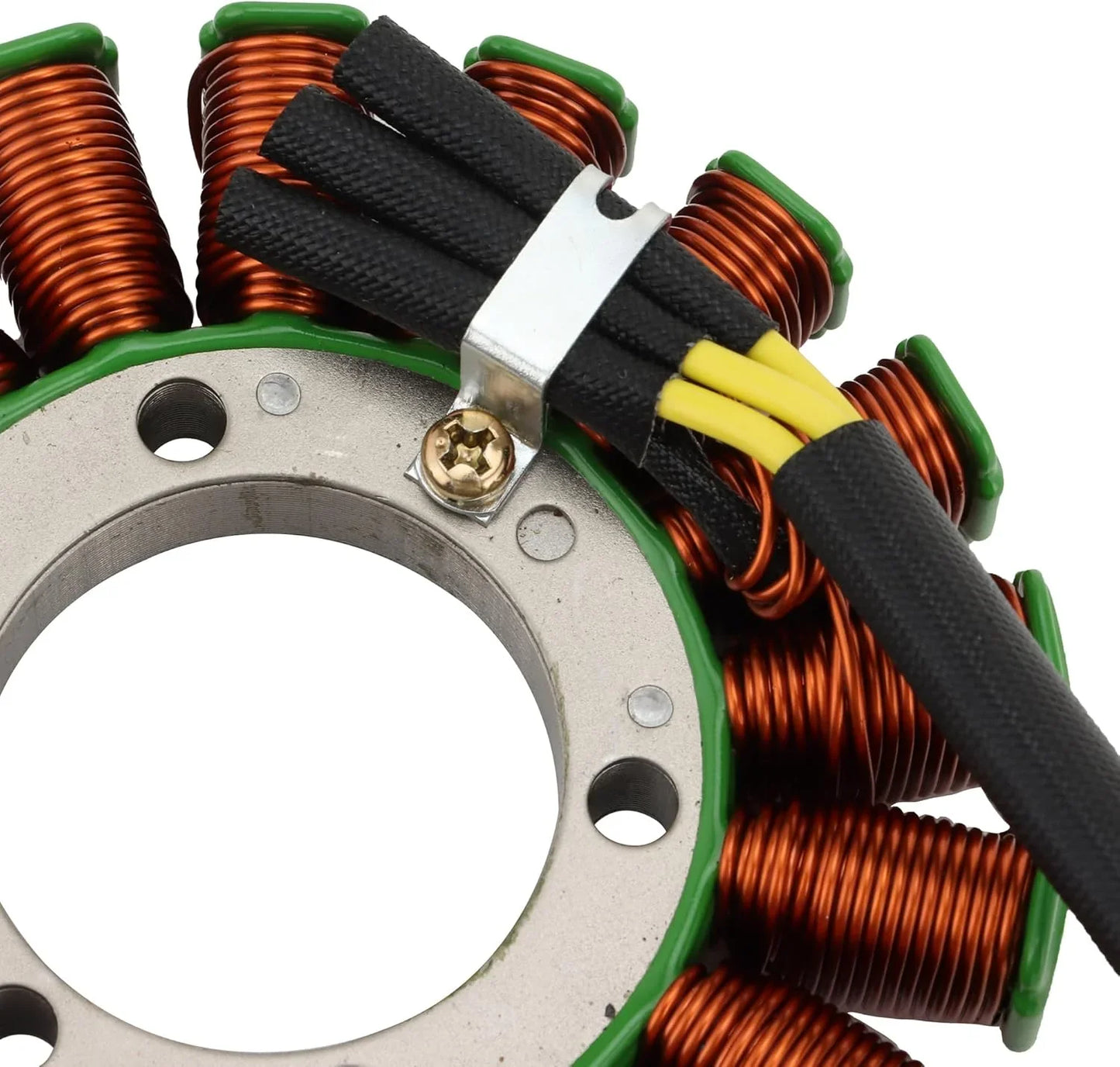 Close-up of a motorcycle stator coil with copper windings and connector wires