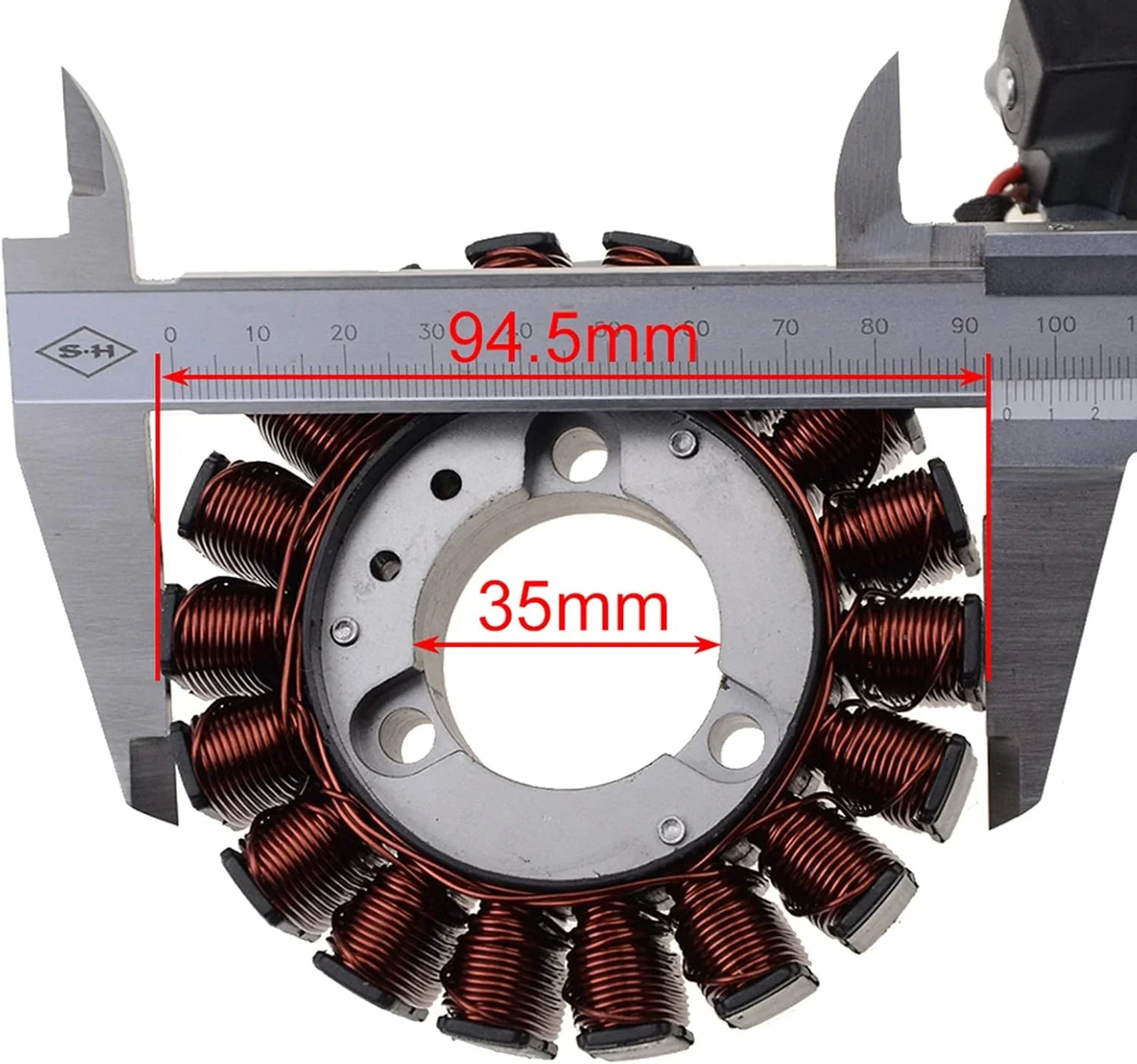 Aprilia SR Max 300 stator magneto replacement part with caliper showing 94.5mm and 35mm measurements