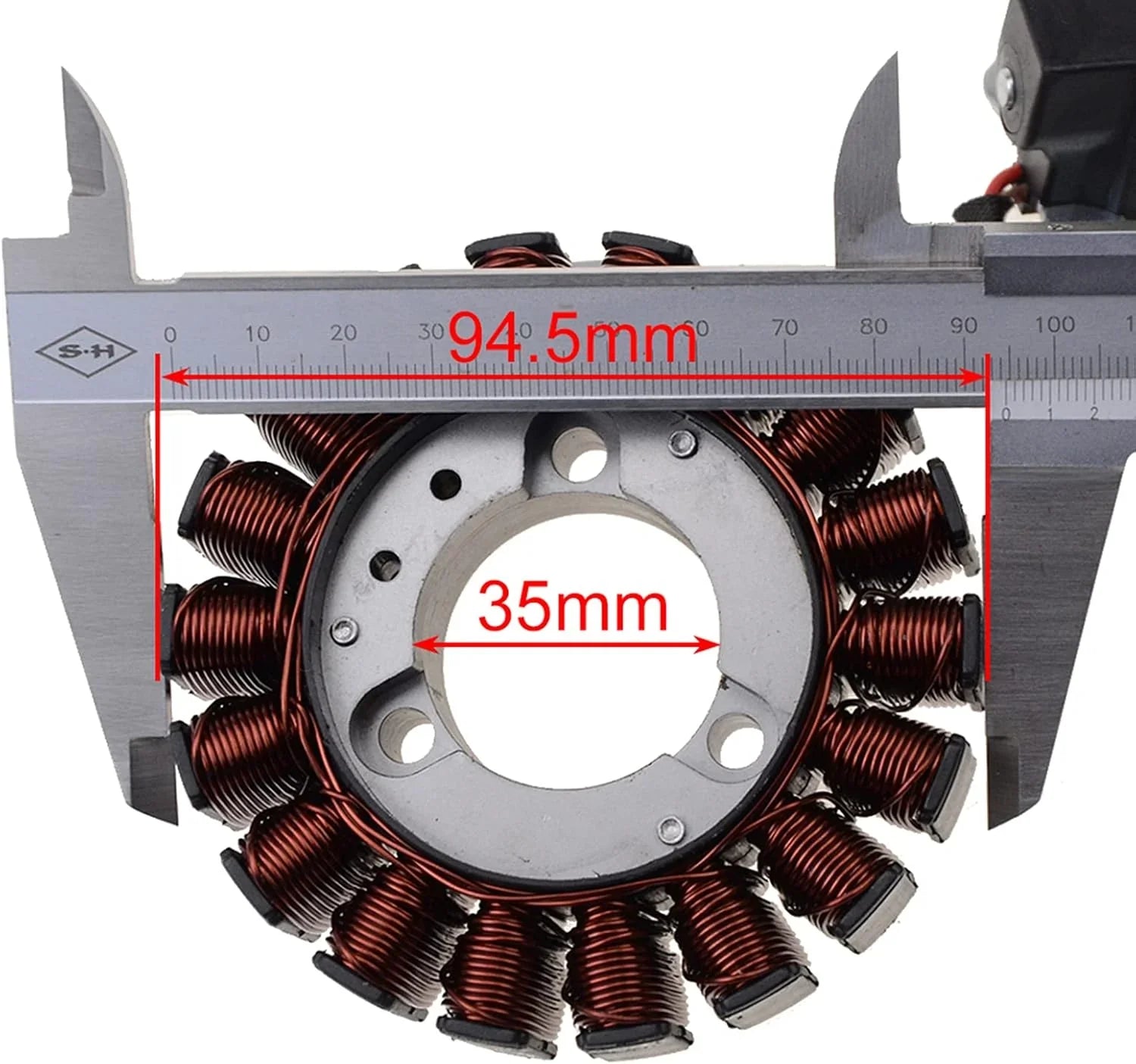 Aprilia SR Max 300 stator magneto replacement part with caliper showing 94.5mm and 35mm measurements