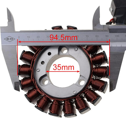 Aprilia SR Max 300 stator magneto replacement part with caliper showing 94.5mm and 35mm measurements