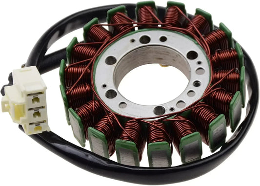 Kawasaki Z1000 motorcycle stator replacement with copper coils and connector, close-up