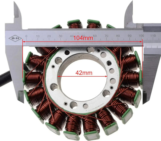 Motorcycle stator for Kawasaki Z1000 with caliper showing 104mm outer and 42mm inner diameter