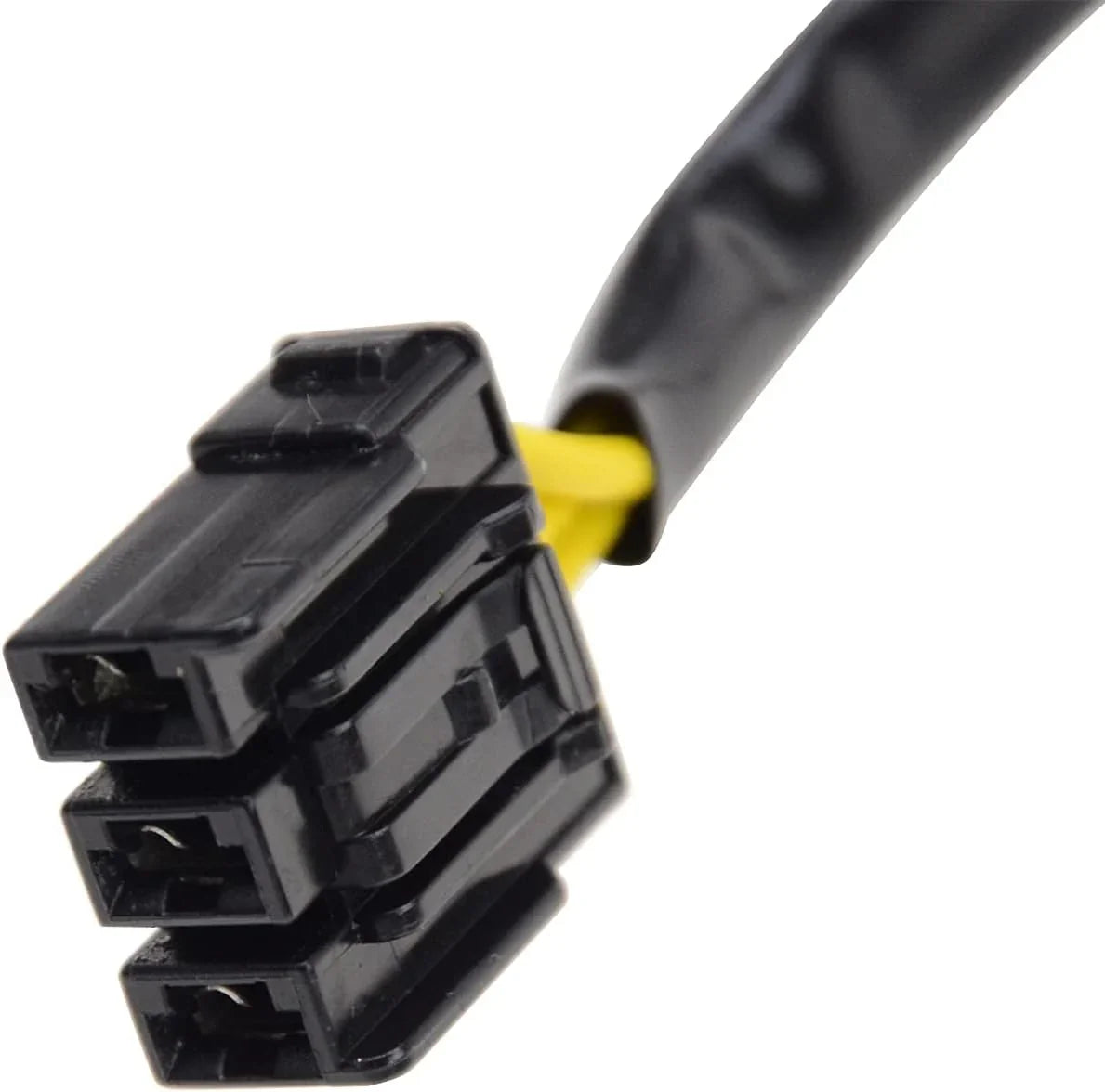 Close-up of a black three-pin motorcycle stator wire connector with yellow wires