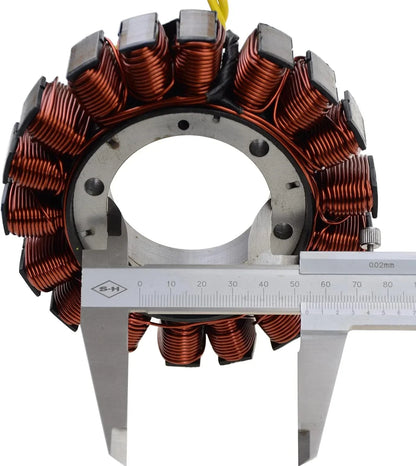 Honda NC700 stator coil with copper windings, measured with a caliper, close-up view