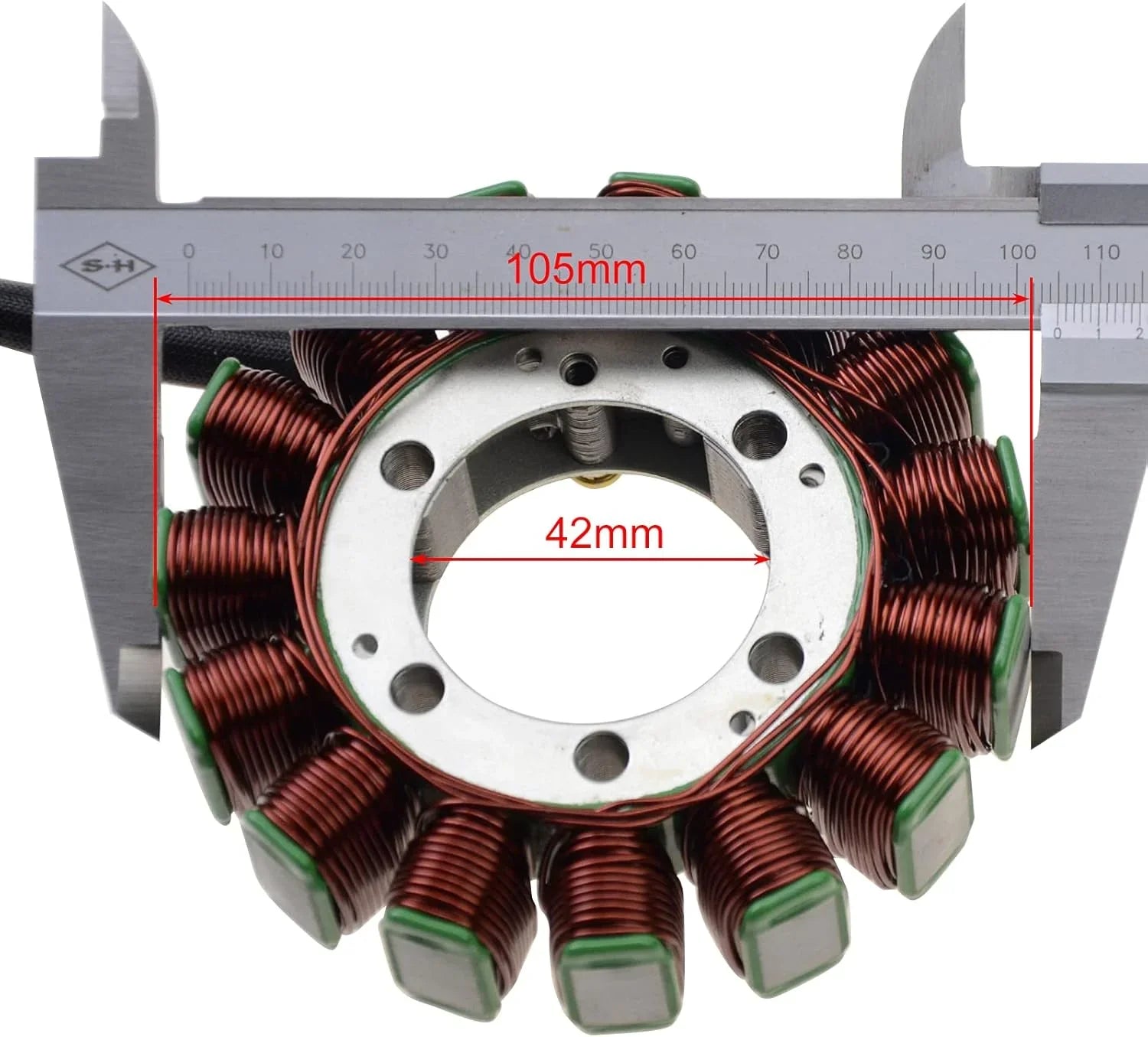 Motorcycle stator assembly with caliper measuring 105mm and 42mm, close-up view