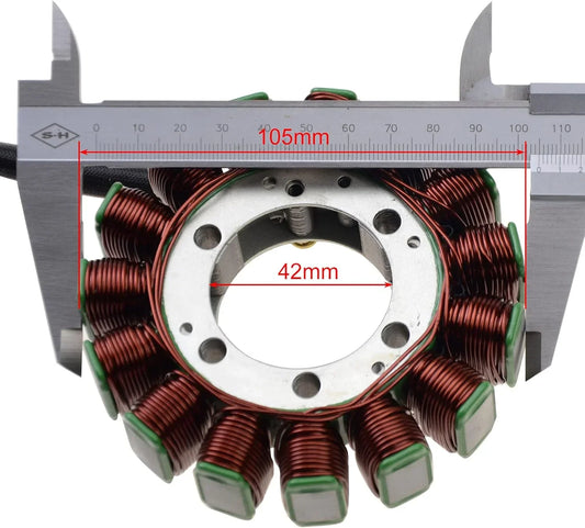 Motorcycle stator assembly with caliper measuring 105mm and 42mm, close-up view