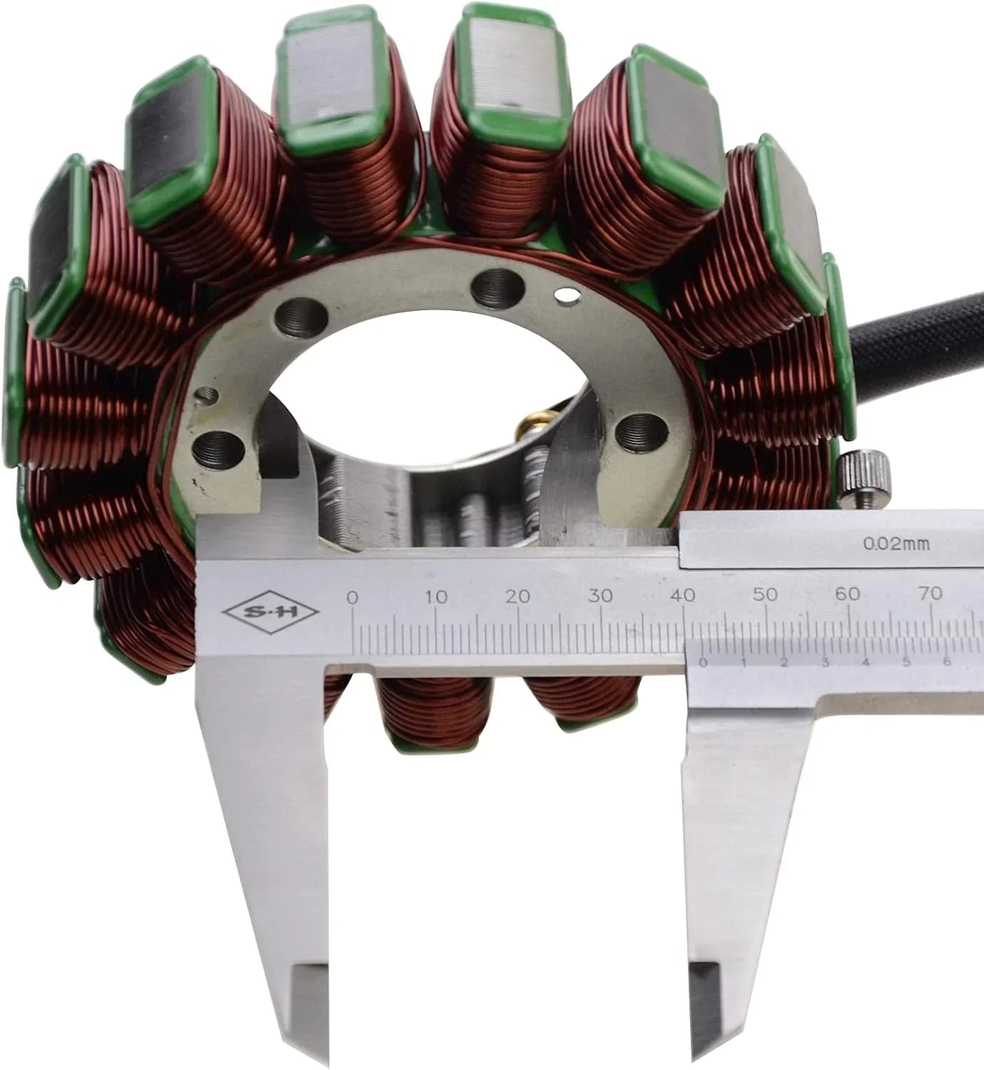 Motorcycle stator coil measured with caliper, copper wire winding, replacement engine part