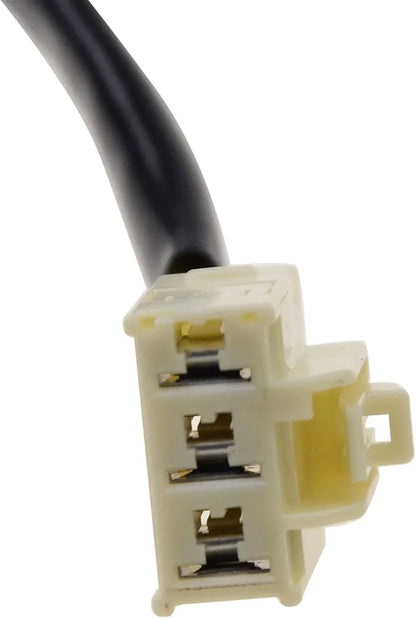 Close-up of a three-pin white electrical connector for motorcycle stator wiring harness