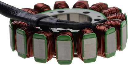 Close-up of motorcycle stator replacement part with copper windings and green accents