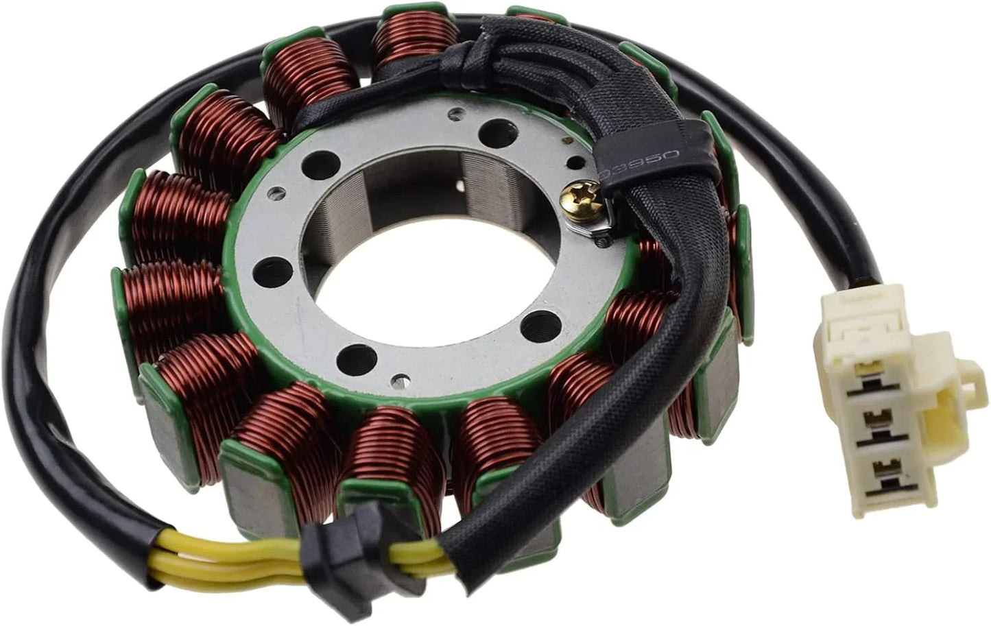 Motorcycle stator coil assembly with copper windings and wire harness