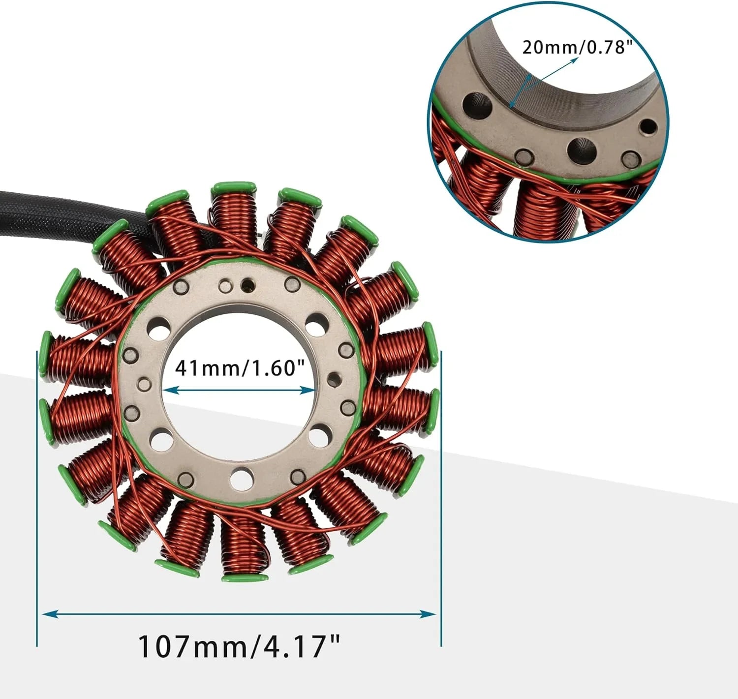 Honda TRX500 Foreman stator assembly with detailed measurements, copper coils