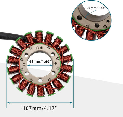 Honda TRX500 Foreman stator assembly with detailed measurements, copper coils