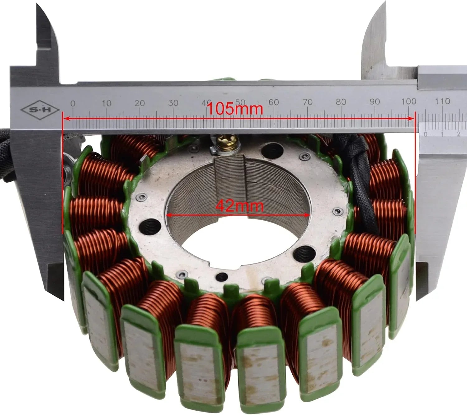 Yamaha motorcycle stator magneto with caliper showing 105mm and 42mm measurements