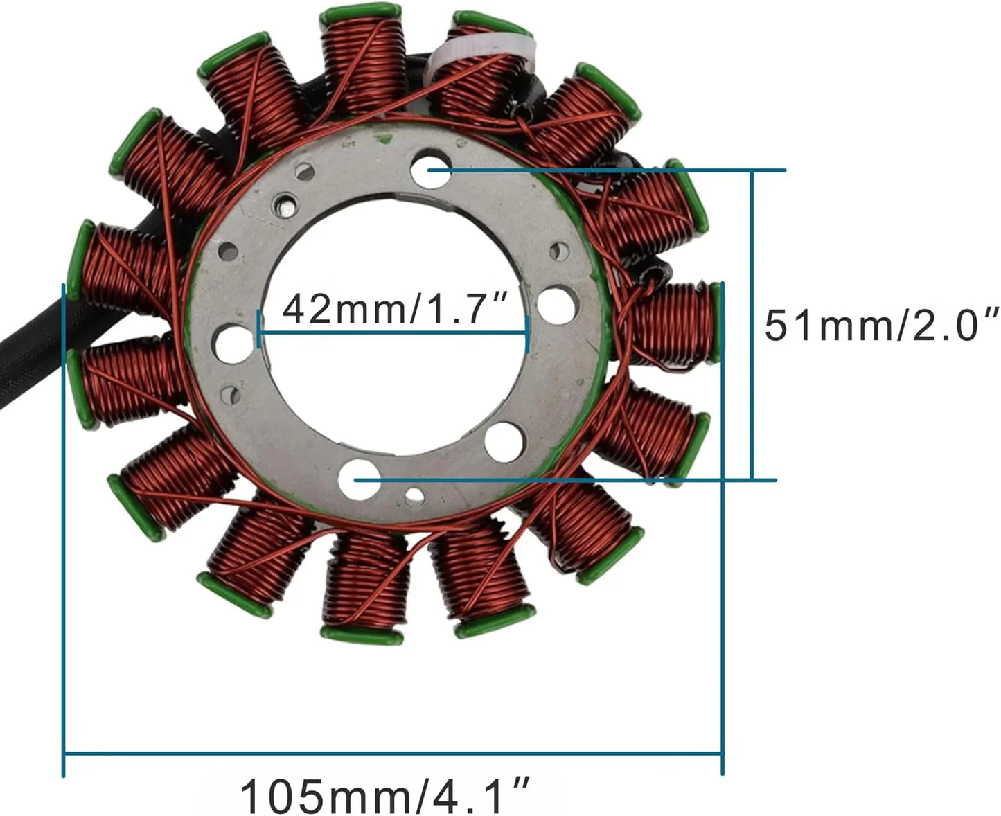 Yamaha YZF-R1 stator magneto coil with labeled dimensions, copper windings visible