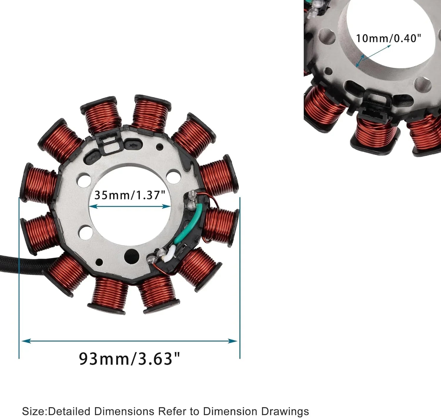 Honda XR150 stator replacement part with copper coils and dimensions labeled