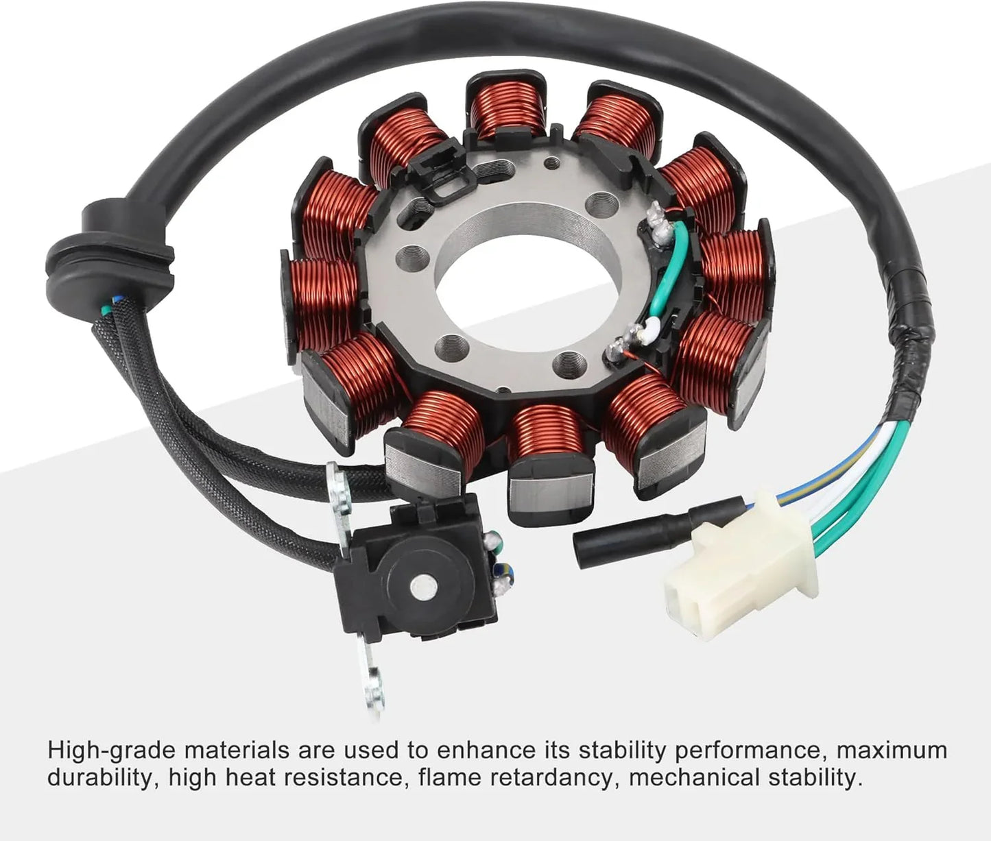 Honda XR150 stator assembly with copper coils, wires, and connectors on a white background.