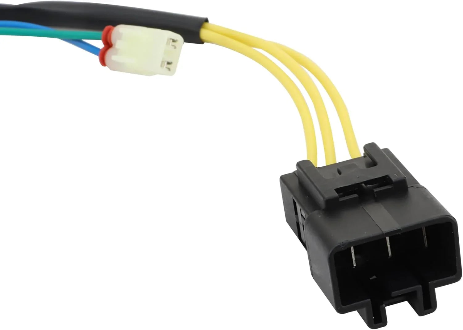 Motorcycle stator wiring harness with black and white electrical connectors and yellow wires