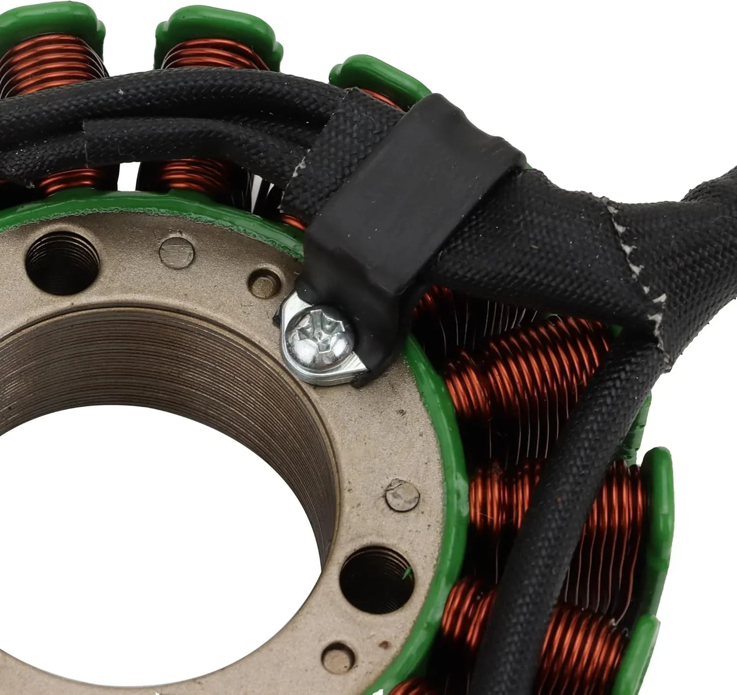 Close-up of motorcycle magneto stator coil with copper wire and wiring harness