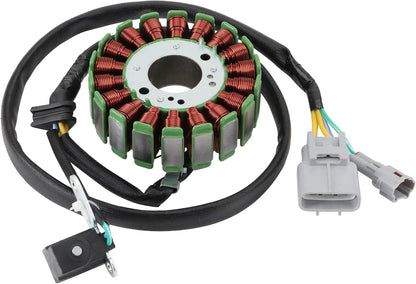 Motorcycle stator coil with wiring harness and connectors, copper windings visible