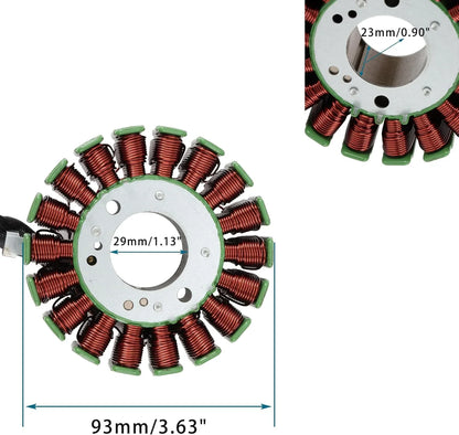 Italika VX250 EFI stator replacement part with dimensions, copper coils, and metal core