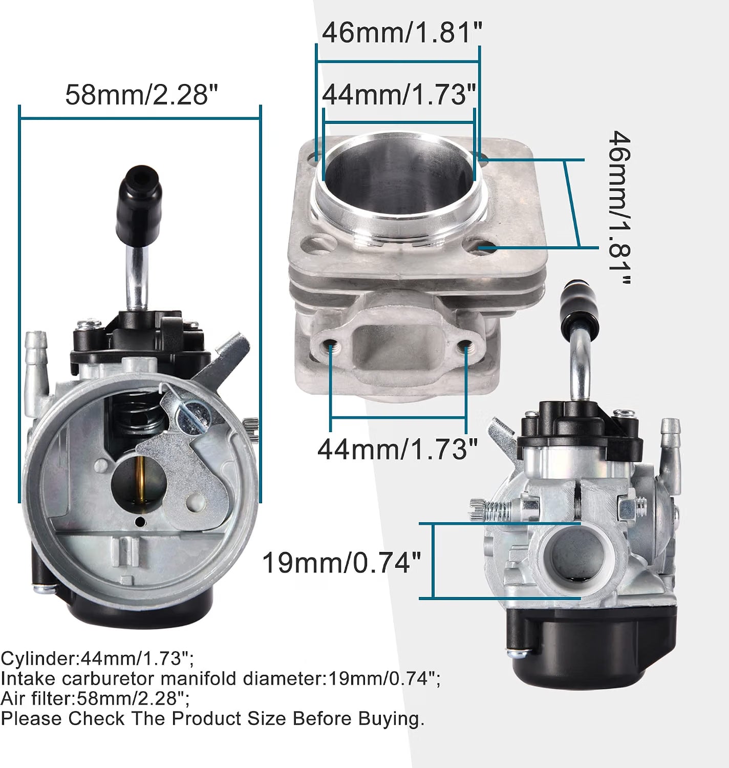 44mm Big Bore Cylinder Carburetor Kit for 47cc 49cc 2-Stroke Pocket Bike