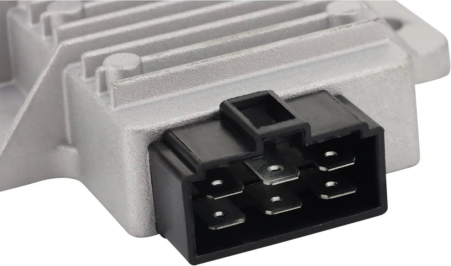 Close-up of a silver motorcycle voltage regulator rectifier with black connector plug