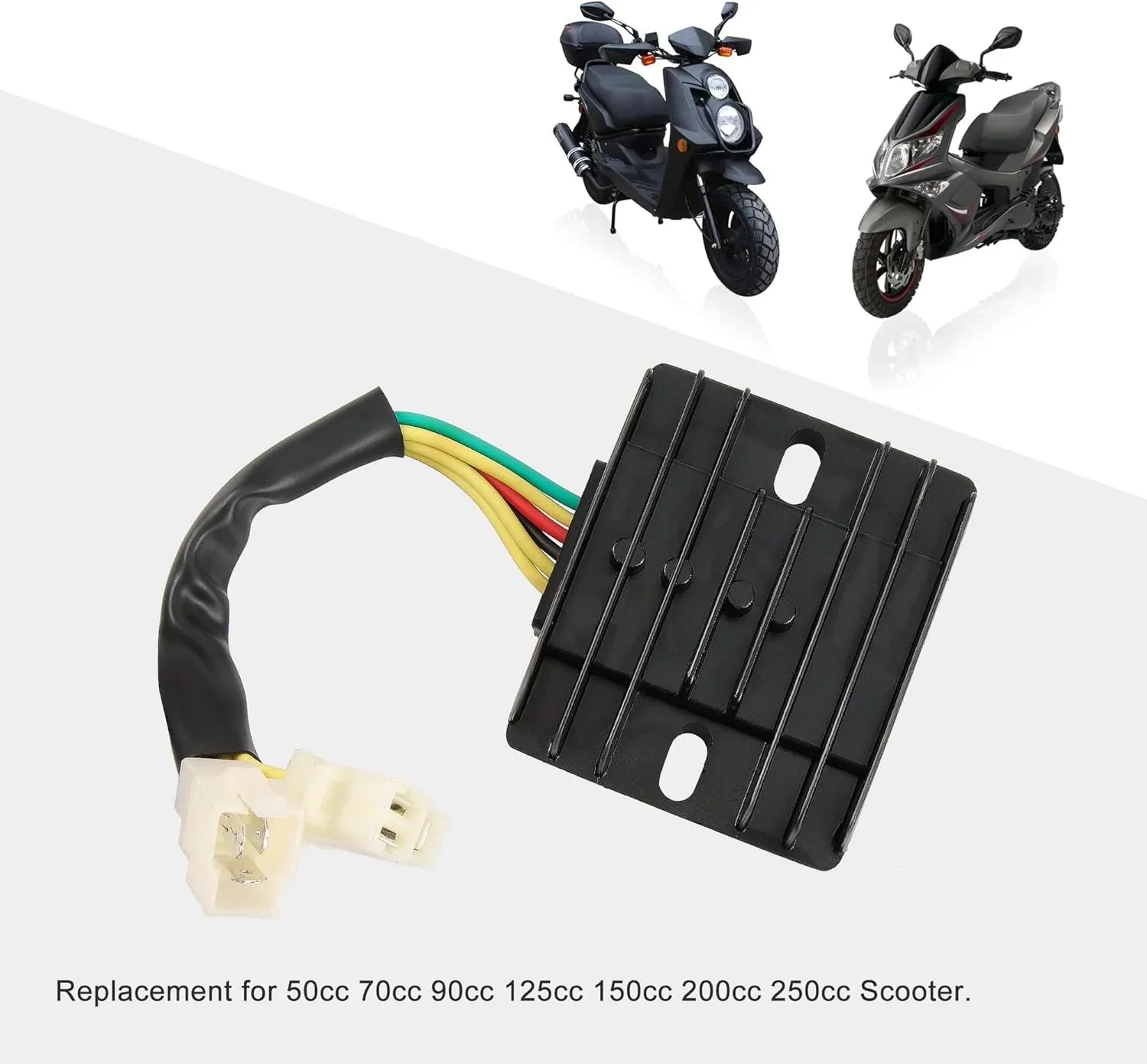 6 pin DC regulator rectifier with wiring for GY6 50cc to 250cc scooter, two scooters shown