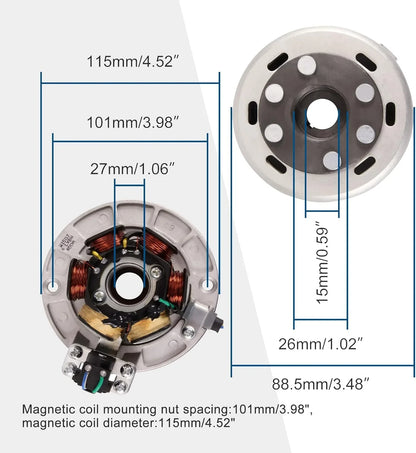 Magnetic coil stator and flywheel with detailed measurements for aftermarket engines