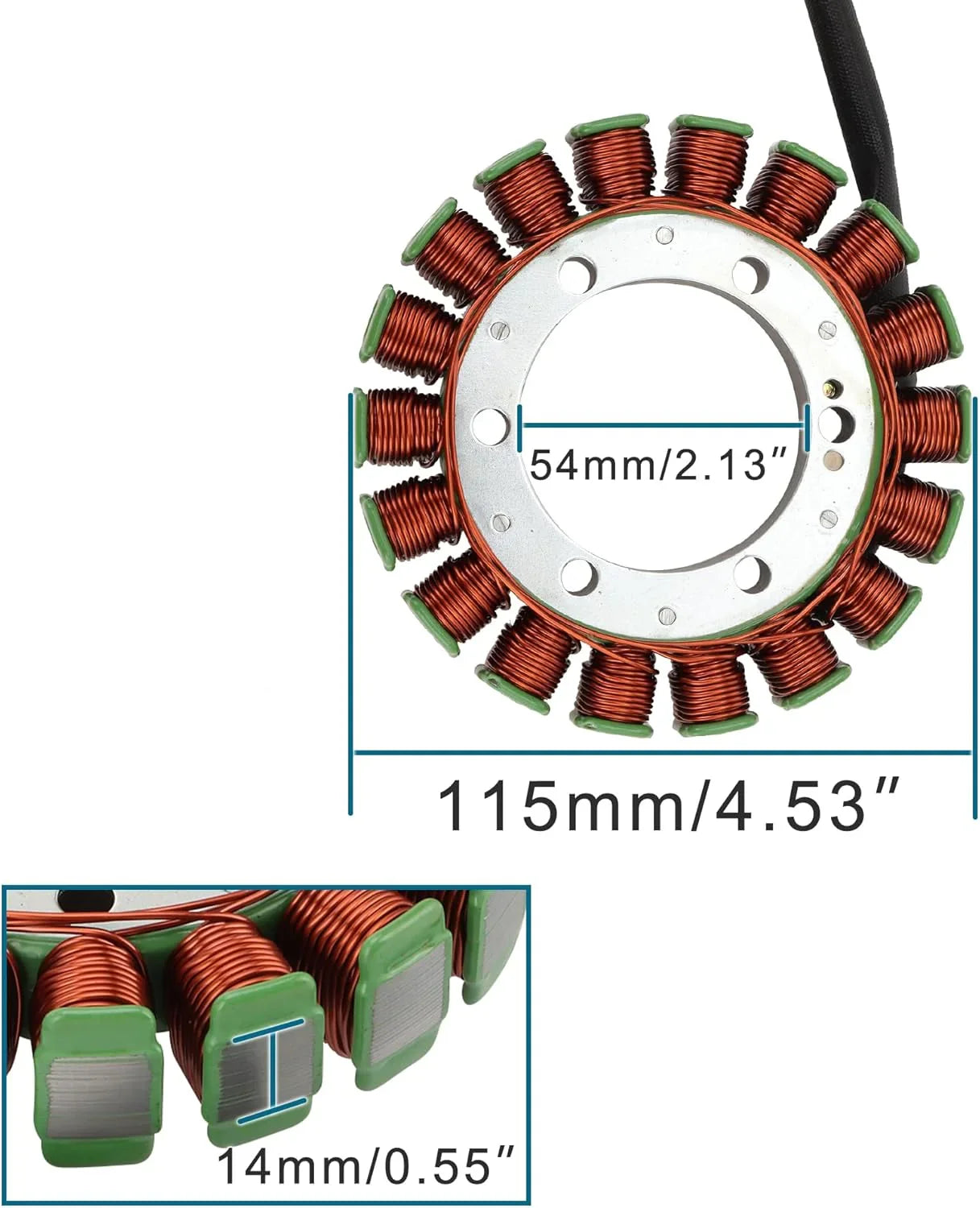 Motorcycle stator coil part with copper wiring, green ends, and labeled measurements