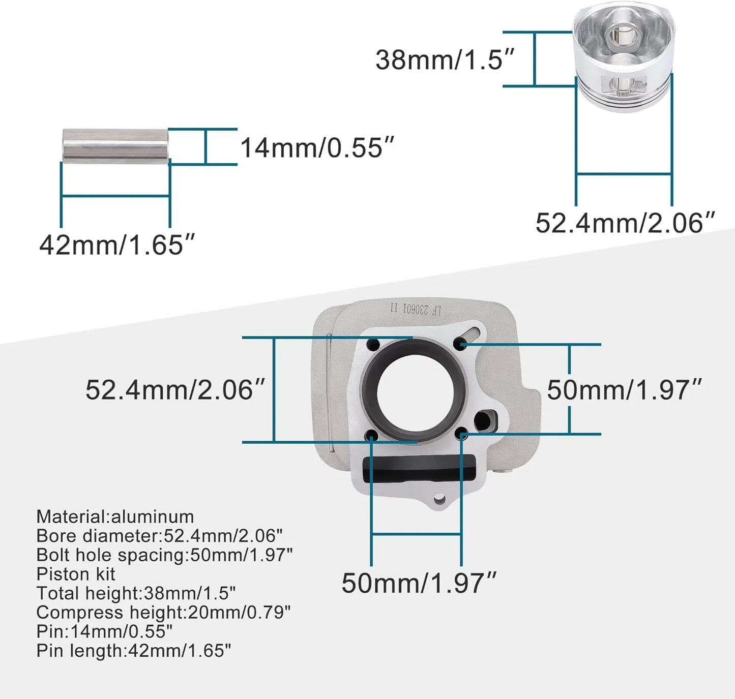 52.4mm Aluminum Cylinder & Piston Kit for Lifan 125cc LF125 Horizontal Engine (14mm Pin) - goofitmoto