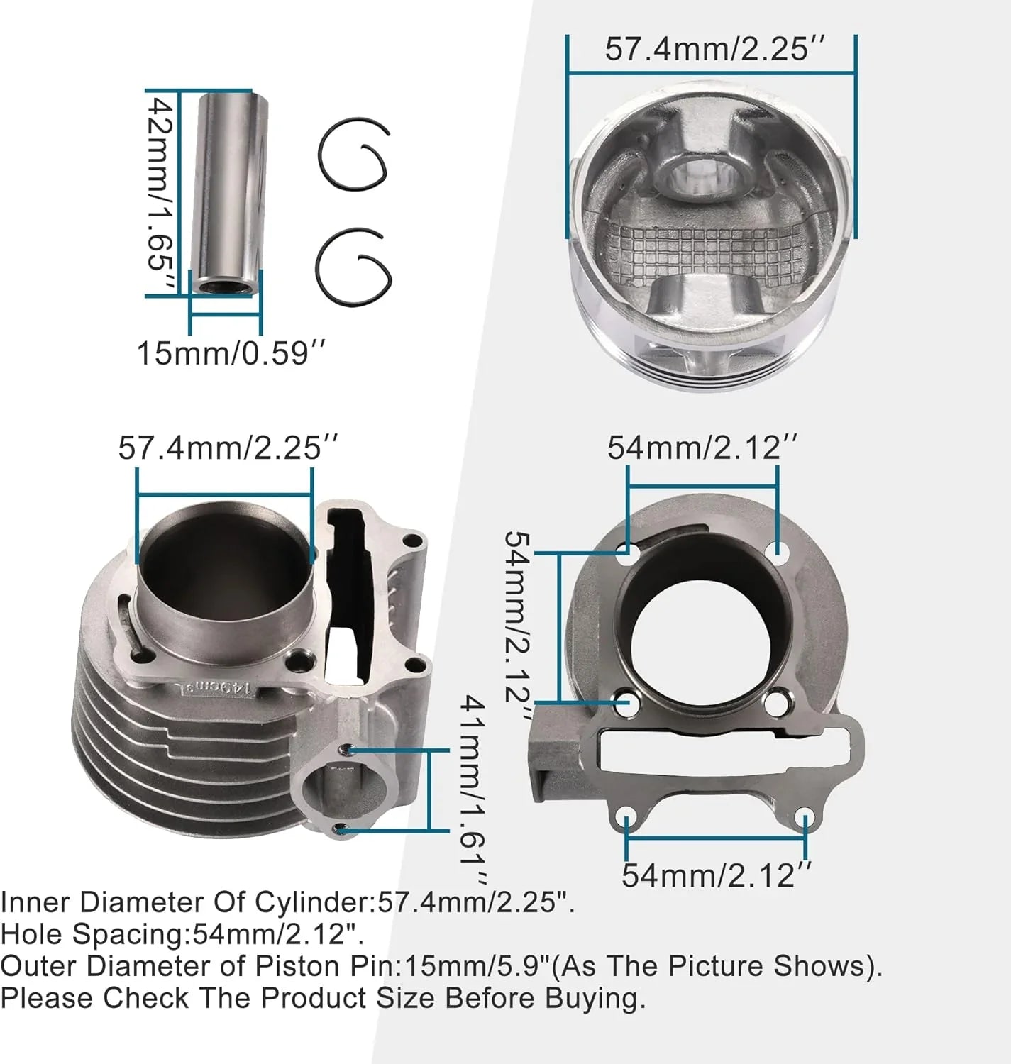 57.4mm Cylinder Rebuild Kit for 4-Stroke GY6 150cc 157QMJ Engine with 76mm Bolt Pattern - goofitmoto