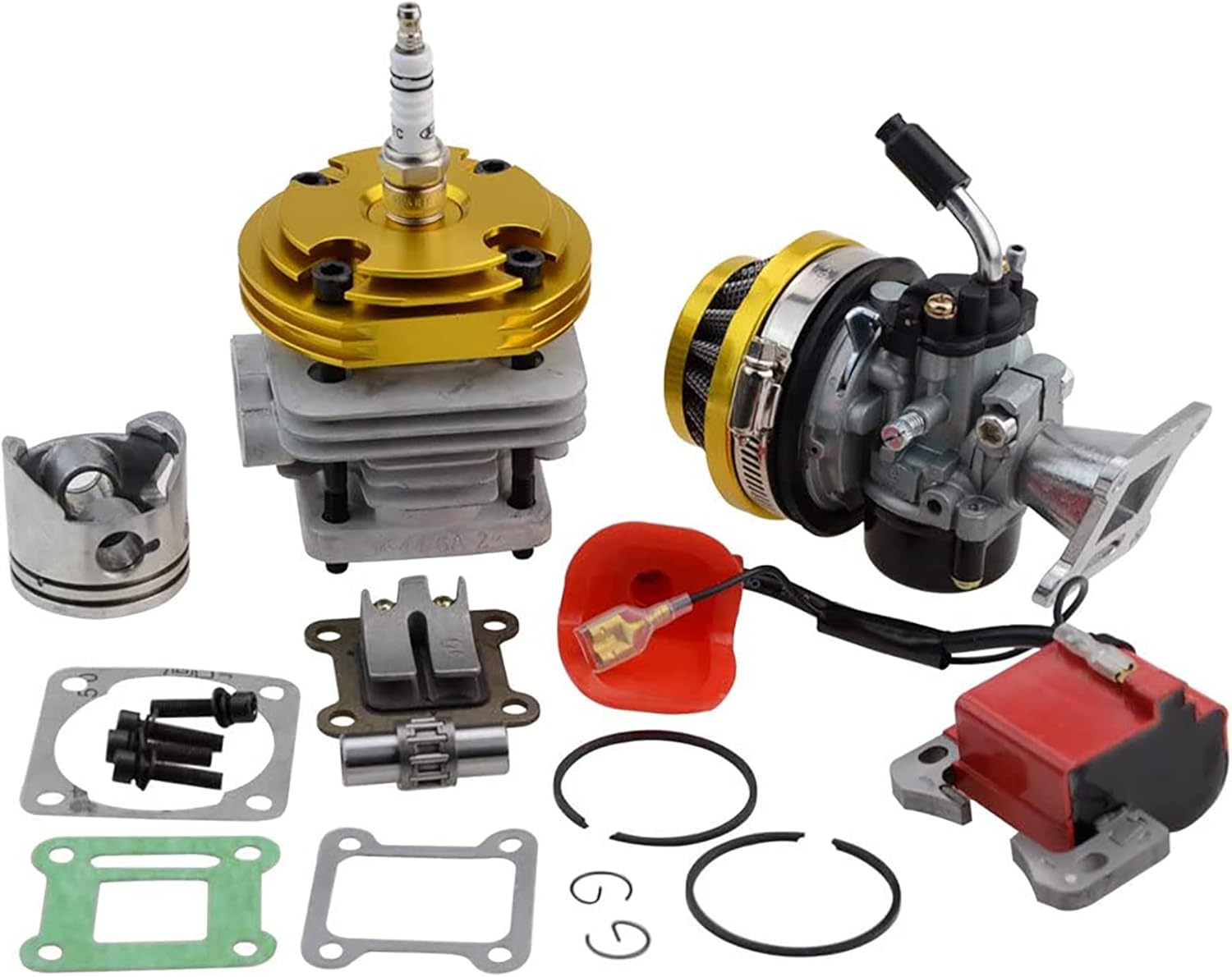 GOOFIT 44mm Cylinder Carburetor Air Filter Ignition Coil Set Big Bore 53cc 54cc Top Kit of Piston for 47cc 49cc 2-Stroke Engine Pocket Bike Atv Quad Motocyle Yellow