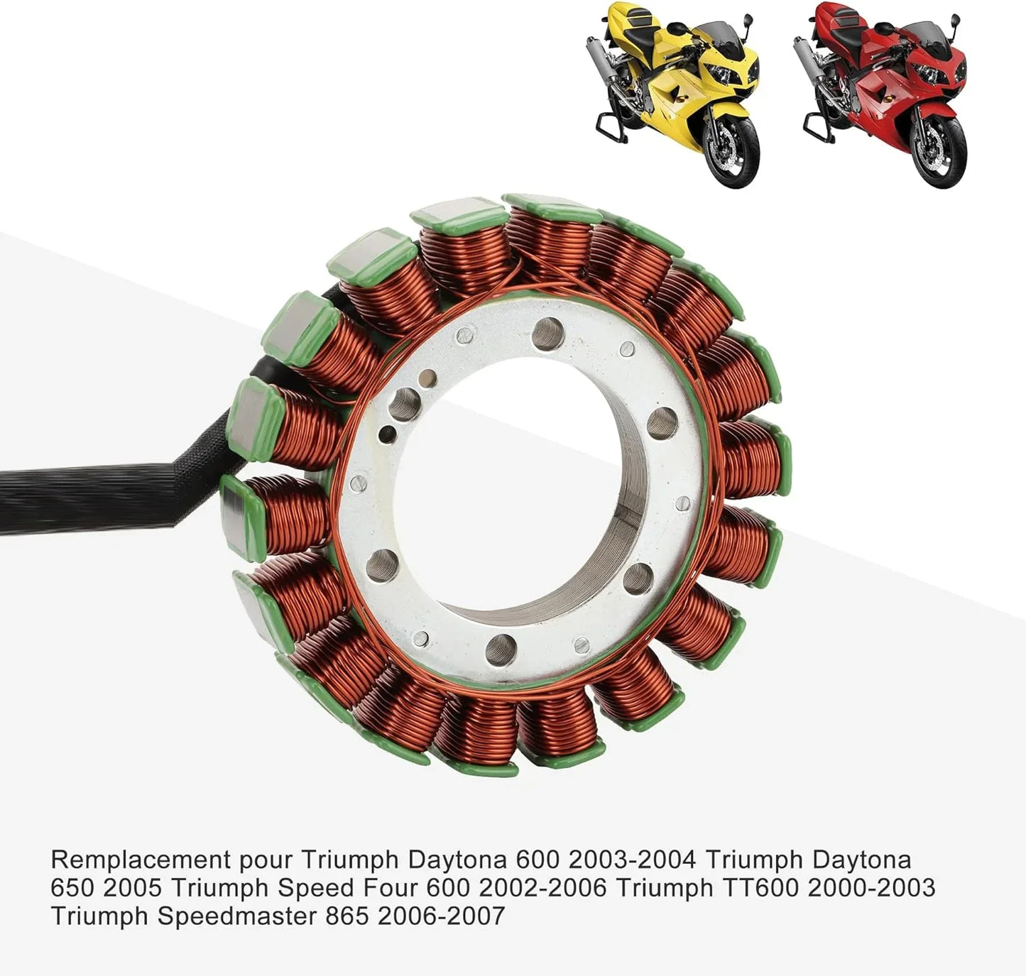 Motorcycle stator coil replacement part for Triumph Daytona, Speed Four, TT600, Speedmaster models, with two sport bikes in background.