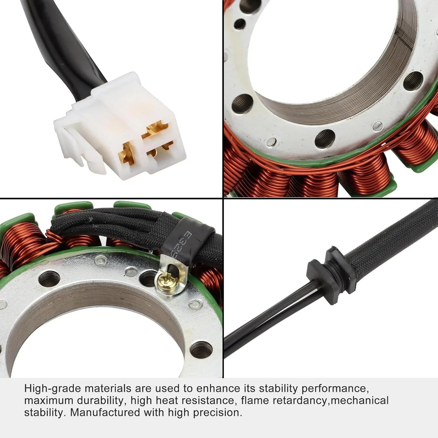 Motorcycle stator coil with copper winding, electrical connector, and wiring harness close-up