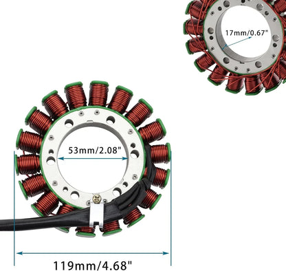 Aftermarket stator replacement for Arctic Cat 700 and Suzuki KingQuad 700/750, coil close-up with measurements
