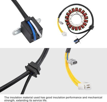 Replacement stator coil and ignition relay with wiring for ATV or motorcycle, closeup on connectors.
