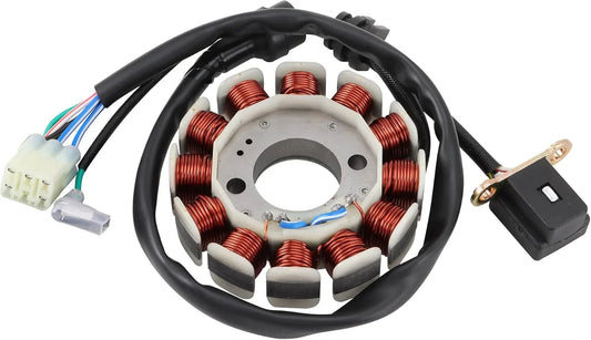 Motorcycle stator coil magneto with copper windings and attached wiring harness