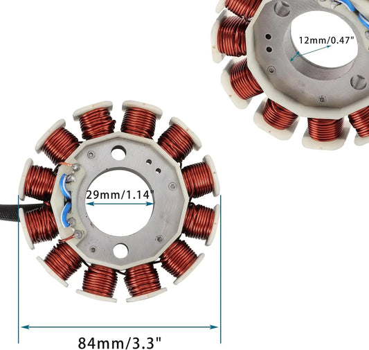 Motorcycle stator magneto coil with copper windings, showing 84mm outer diameter and measurement labels.