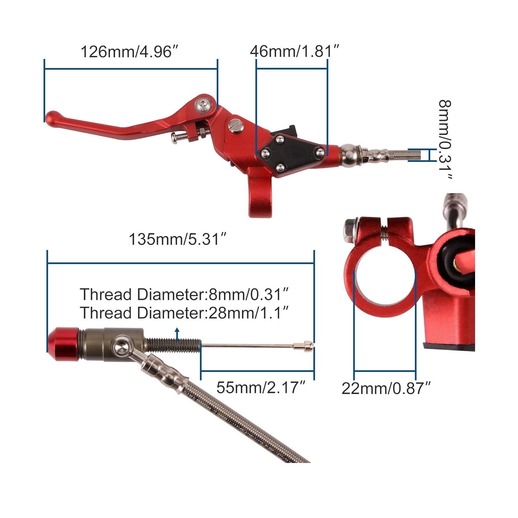 GOOFIT 7/8" 22mm Motorcycle Hydraulic Clutch Brake Lever 1200mm Master Cylinder for 125cc 150cc 180cc 200cc 250cc Vertical Motor Off Road Scooter Pit Pocket Bike Motocross Red