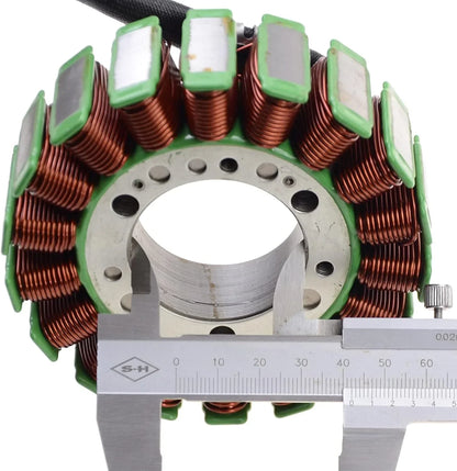 ATV stator replacement part with copper windings measured by caliper close-up