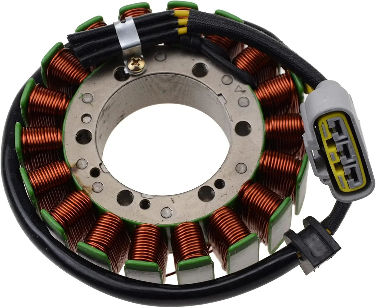 Motorcycle stator magneto coil with copper windings and electrical connector