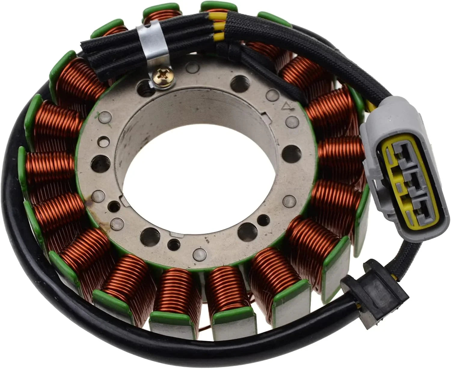 Motorcycle stator magneto coil with copper windings and electrical connector