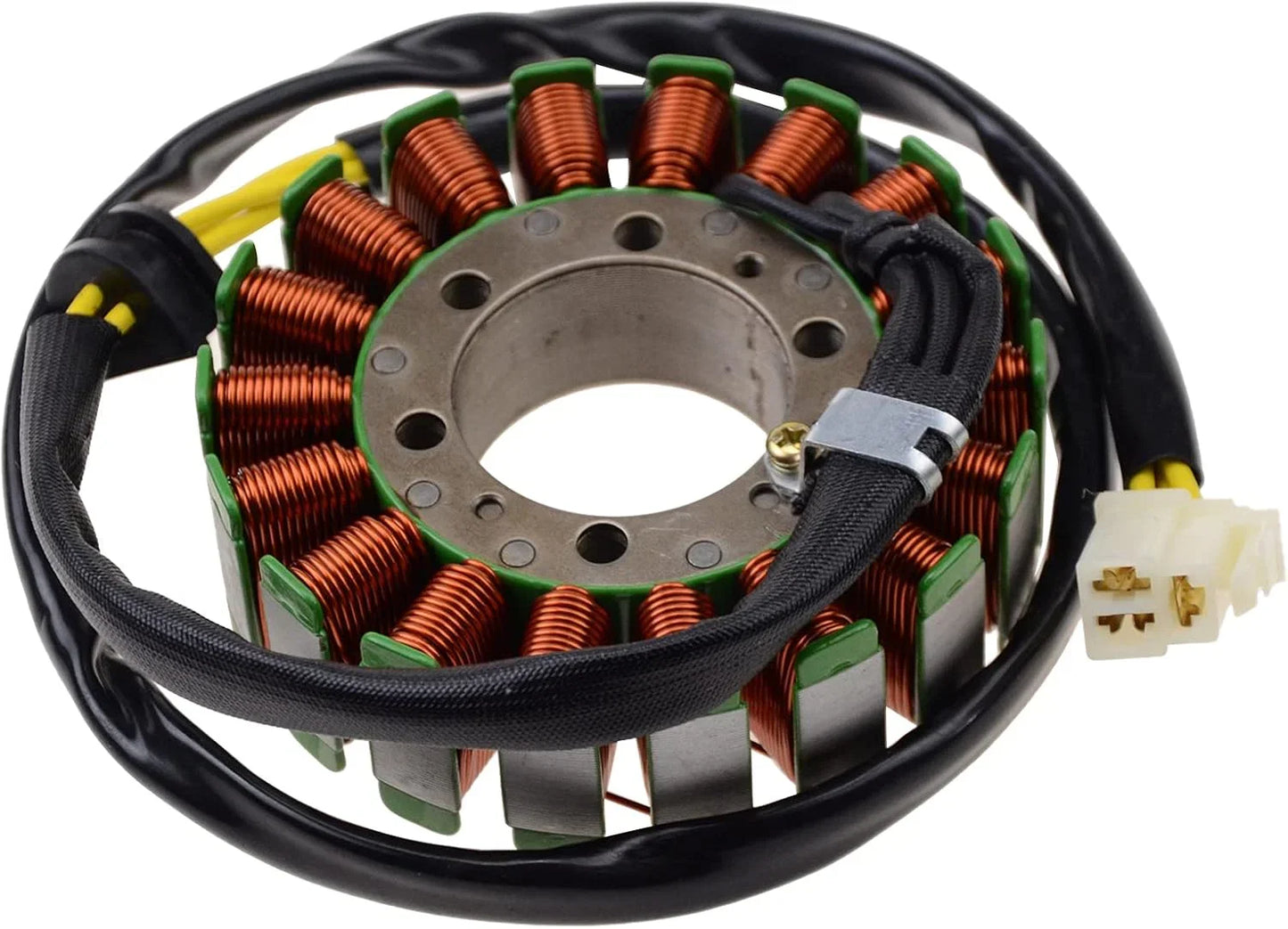 Motorcycle stator magneto replacement part with copper coils and connector plug