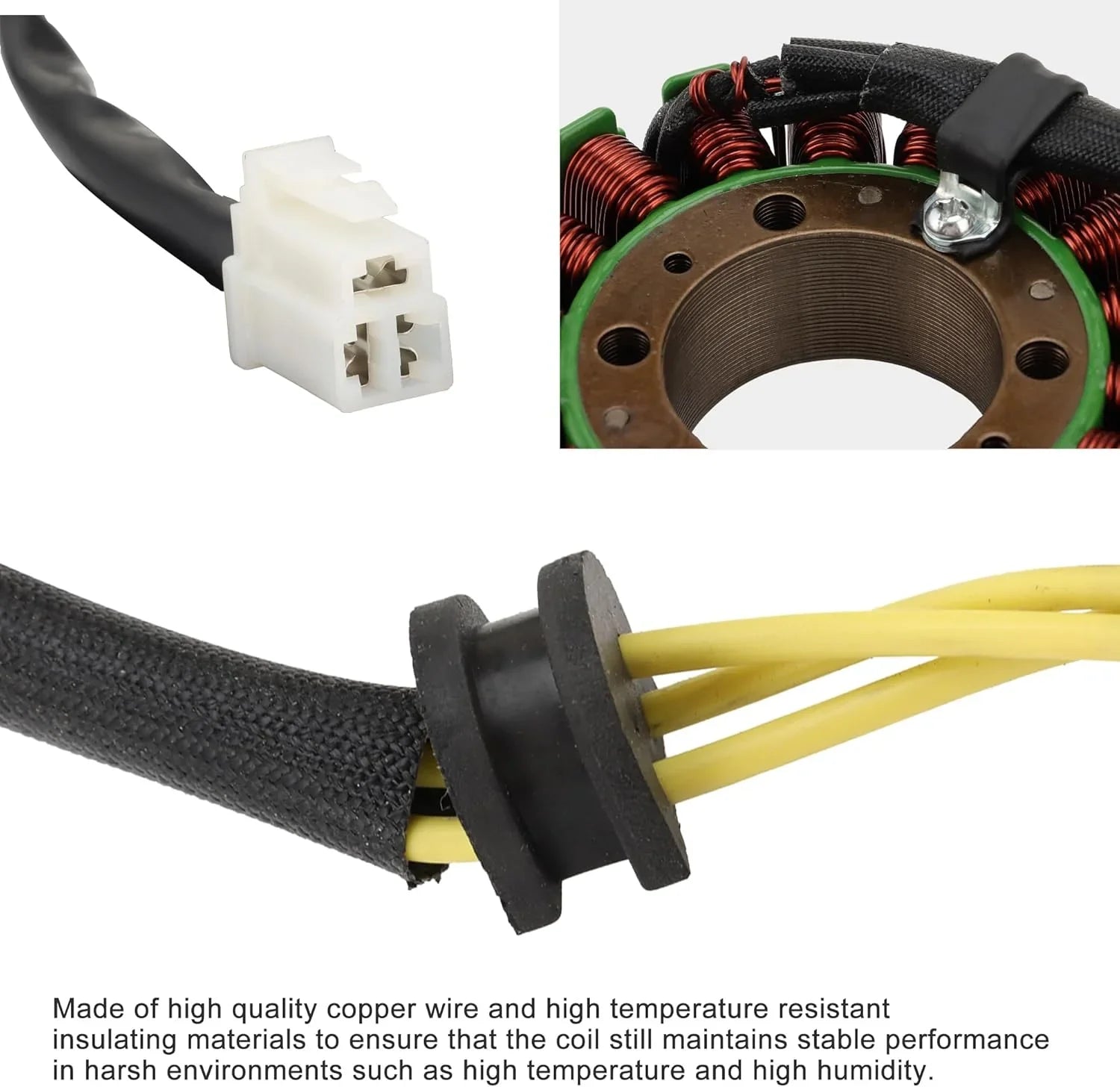 Motorcycle stator coil with wiring harness, high quality copper wire and connector close-up