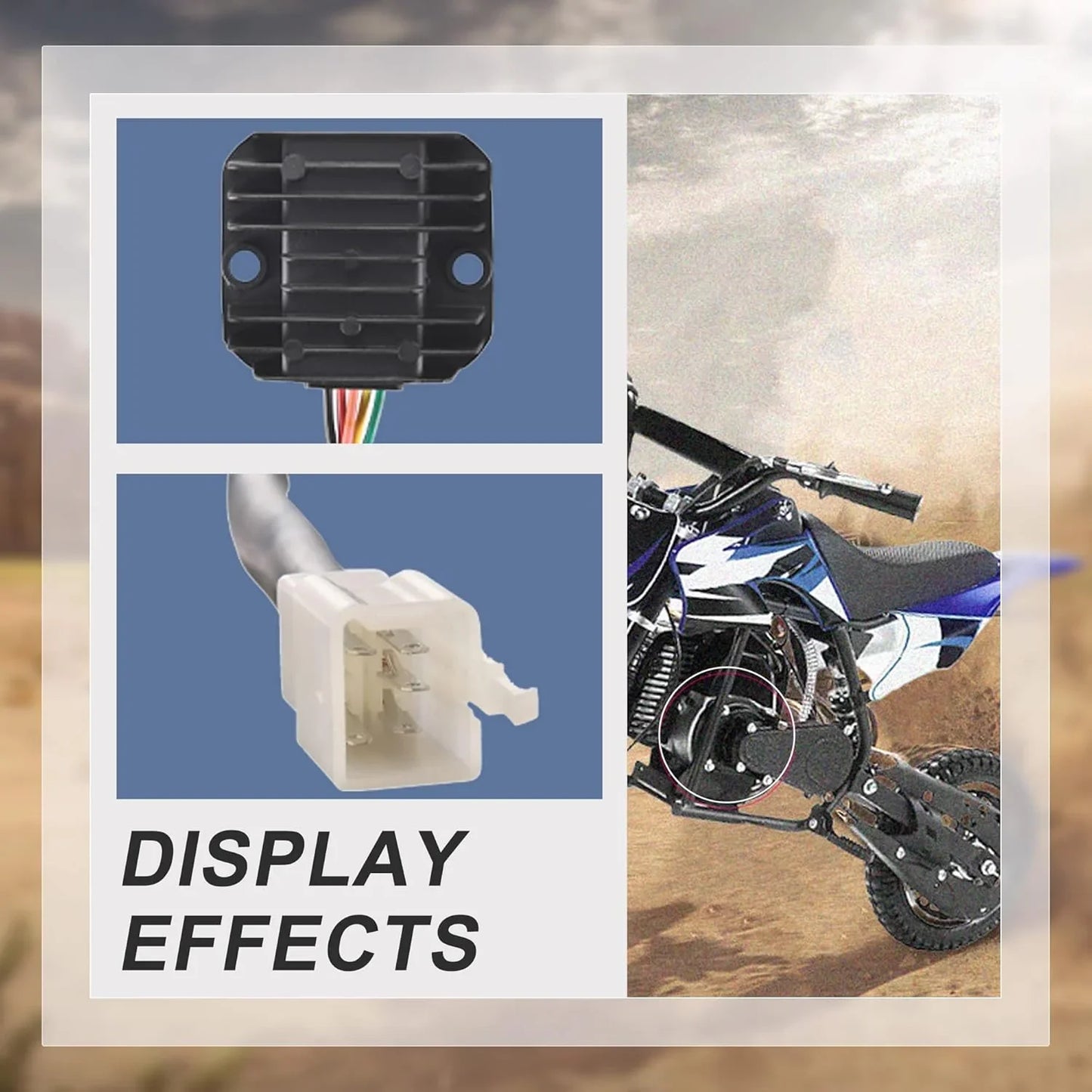 5 pin 12V AC full wave regulator rectifier for ATV scooter with close-up of connector and vehicle compatibility display.