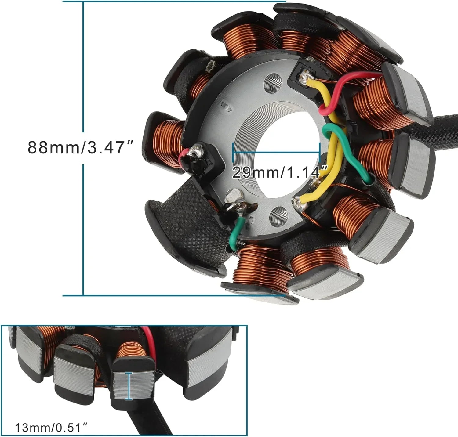 3-phase magneto stator replacement with copper coils, detailed 88mm, 29mm, 13mm measurements
