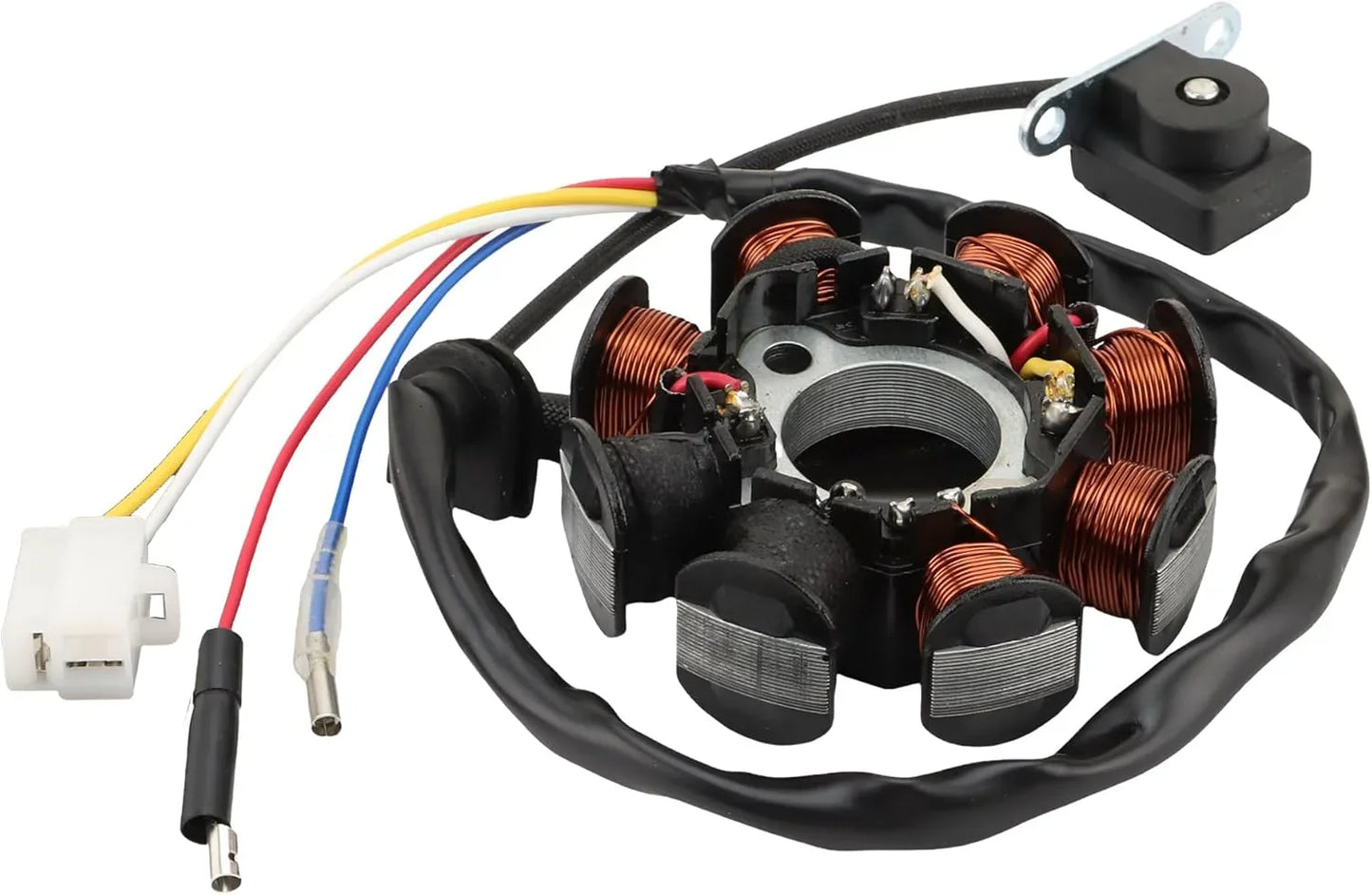 GY6 engine stator with copper coils, wiring harness, and connectors for scooter or ATV aftermarket repair